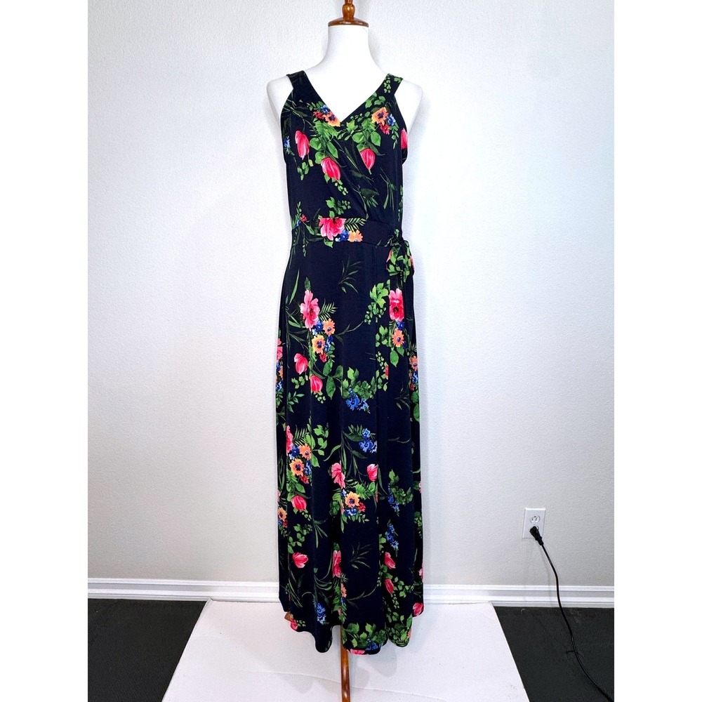 LE LIS Ranada Sleeveless Maxi Dress XL Faux Wrap Navy Floral Boho Sundress Beach